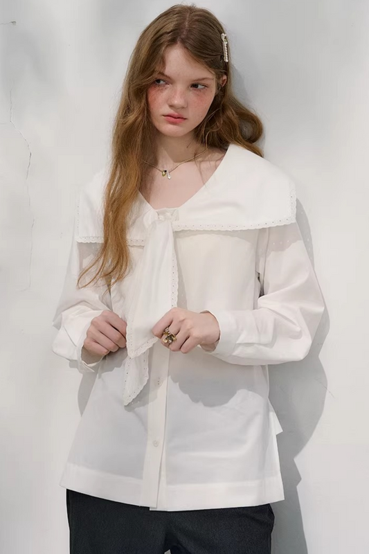 Navy Wave Lace Blouse