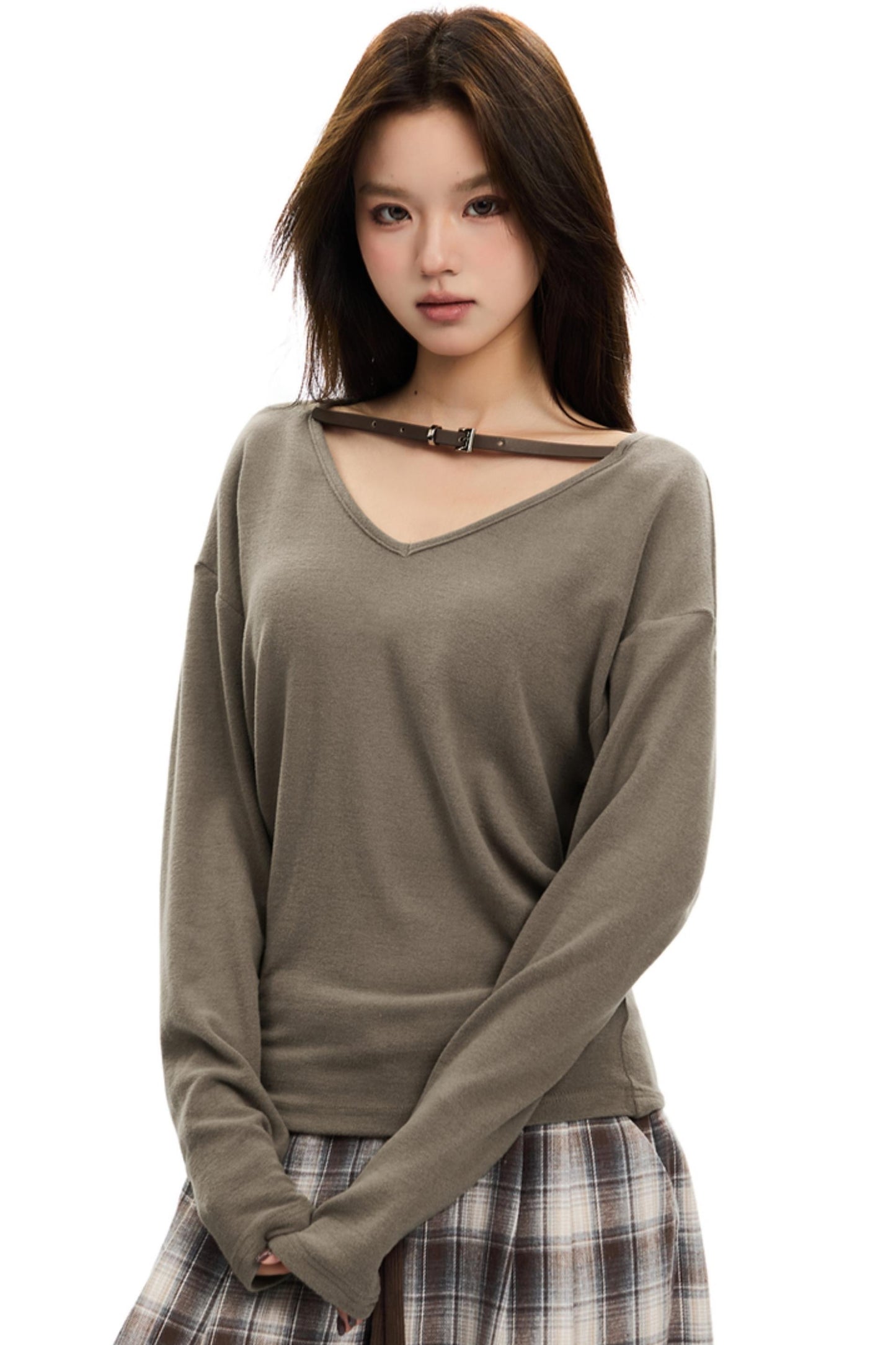 Loose Fit Belted V-Neck T-Shirt