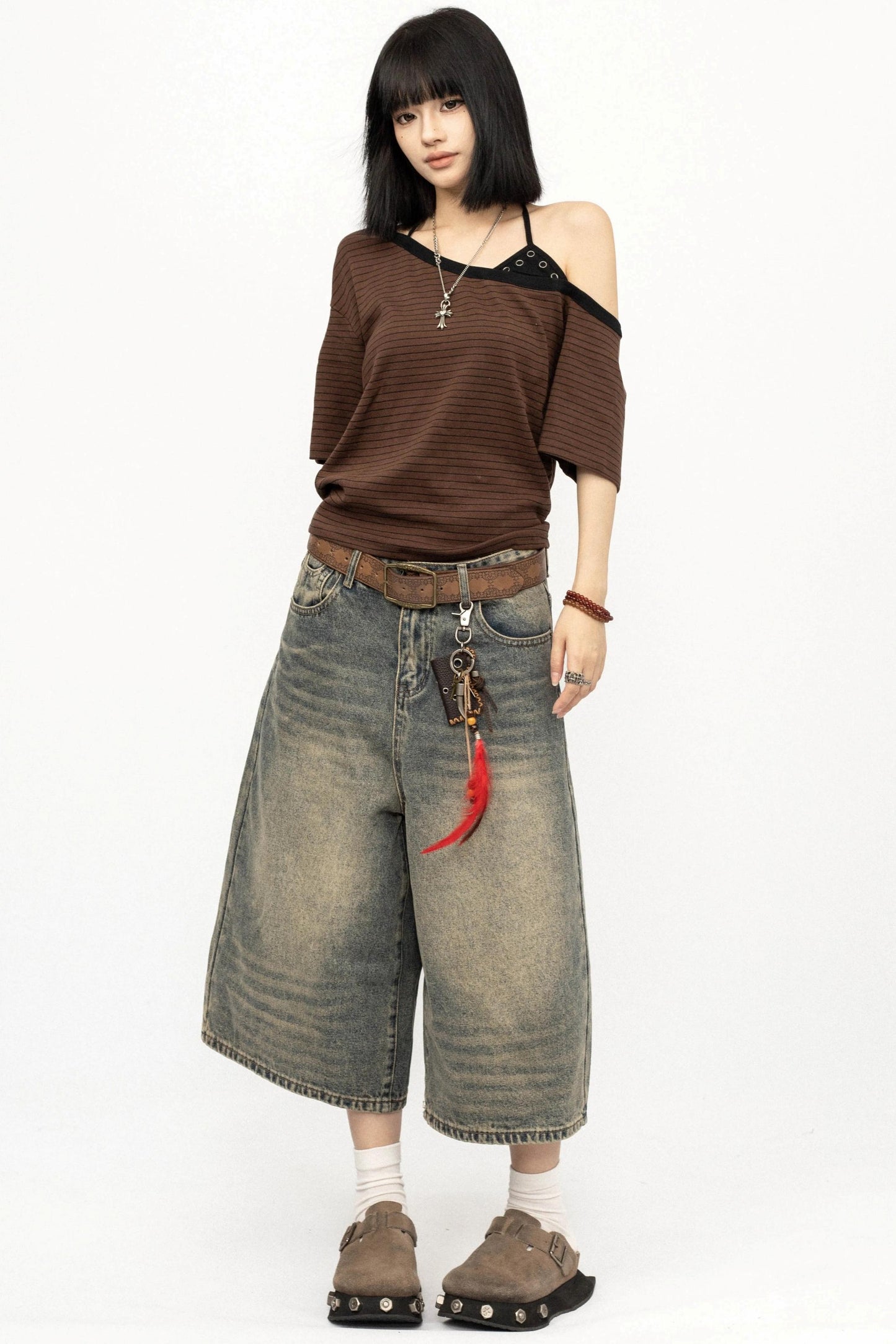 Top a righe color-block con spalle scoperte