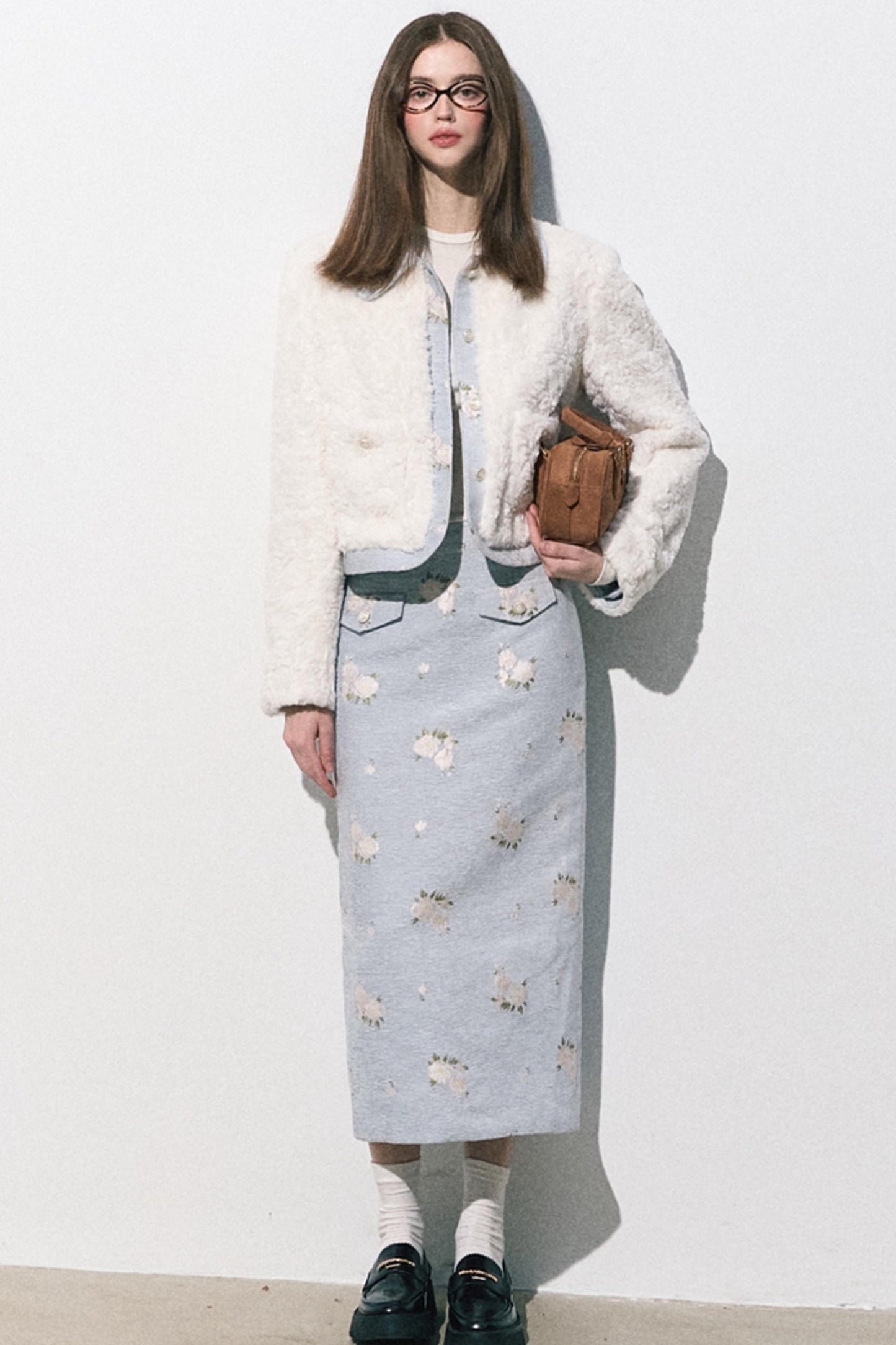 Baby Blue Jacquard Eco Fur Skirt Set-Up