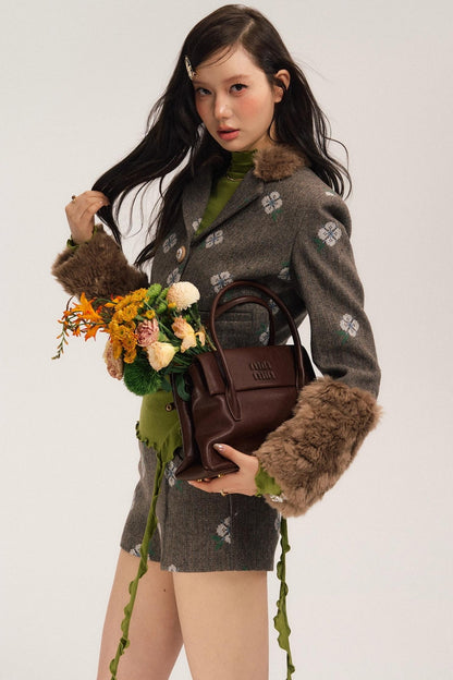 Retro Embroidery Tweed Fur Shorts Set-Up