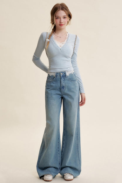 Lace V-Neck Knit Sweater Set-Up