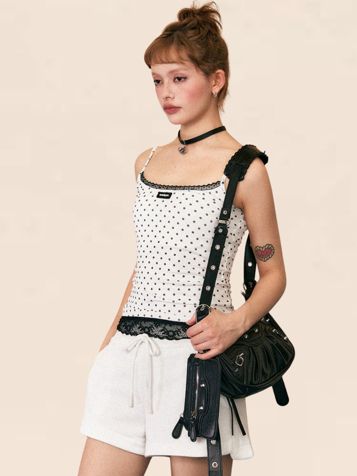 Lace-Stitched Polka Dot Camisole Top