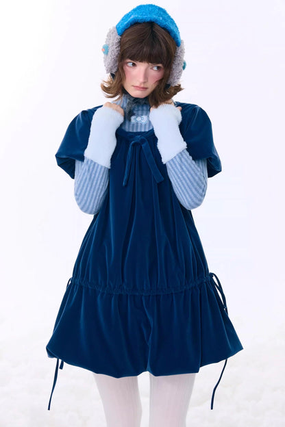 Deep Blue Velvet Bow Dress