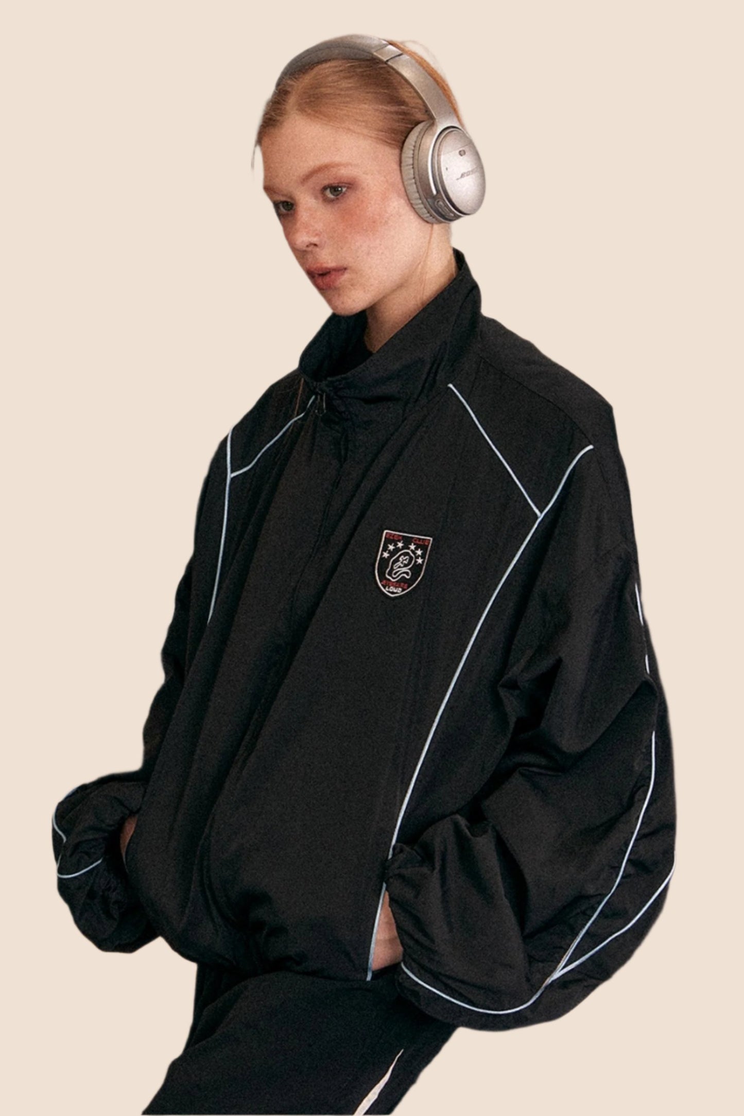 EZEK Split Line American Vintage Stand Kragen Casual Track Jacket Stoff Schwarz Jacke Lose Baseball Jersey Top