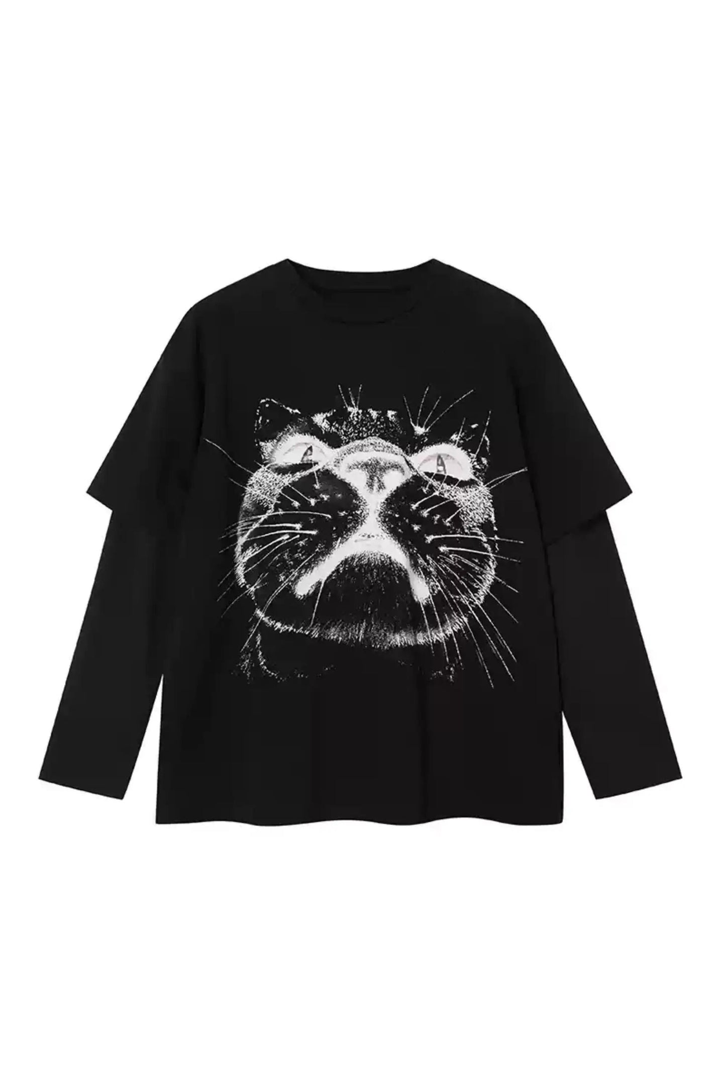 DIDDIMODA niedliche Katze Katze Kopf drucken T-Shirt einfache Silhouette gefälschte zwei lange Ärmel lose Top für Frauen