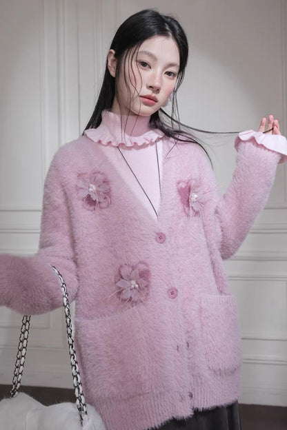 Pink Feather Flower Cardigan
