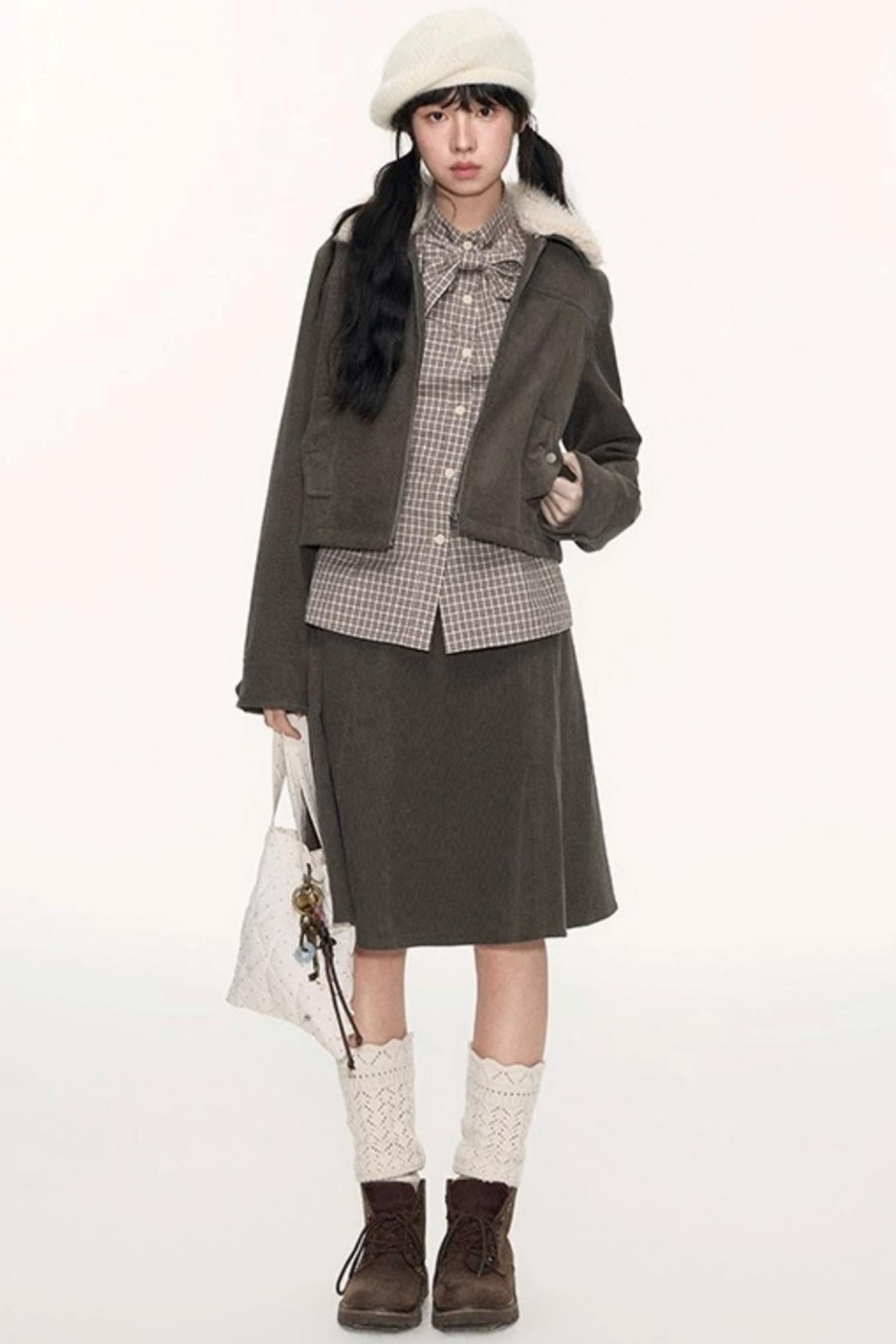 Vintage Fur Collar Jacket With Skirt Set-Up