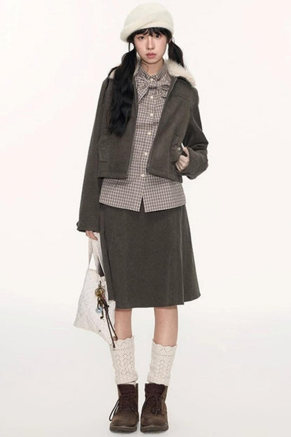 Vintage Fur Collar Jacket With Skirt Set-Up