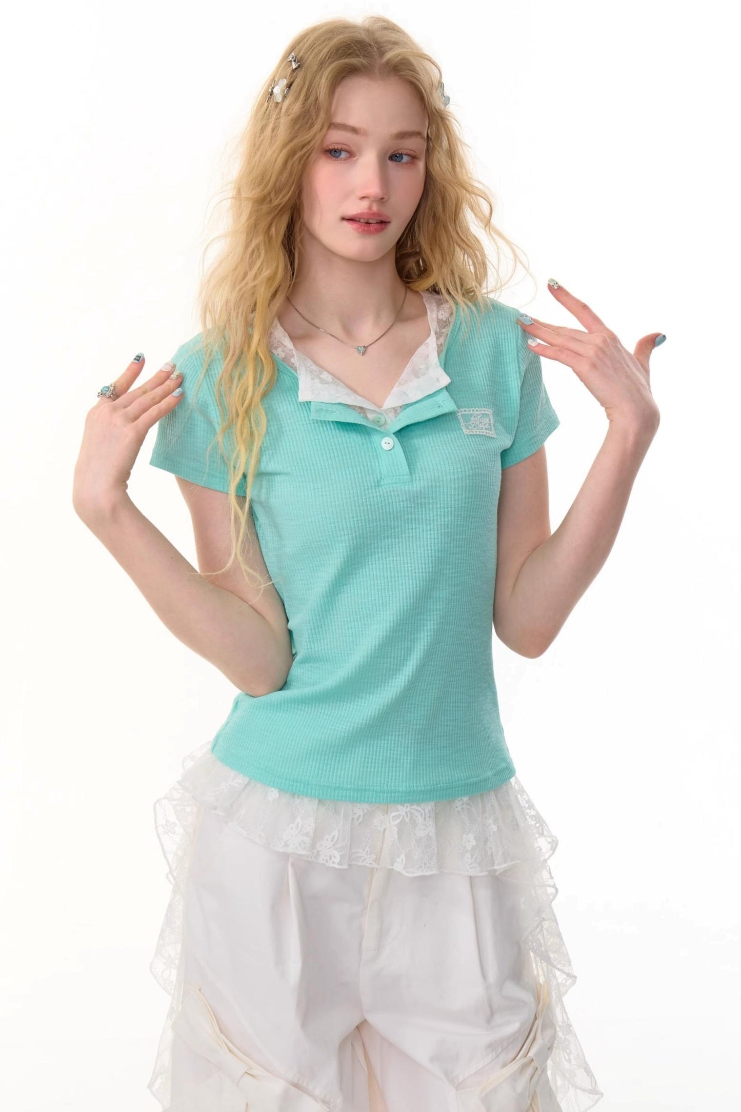 Lace Patchwork Fitted Two-Layer T-Shirt