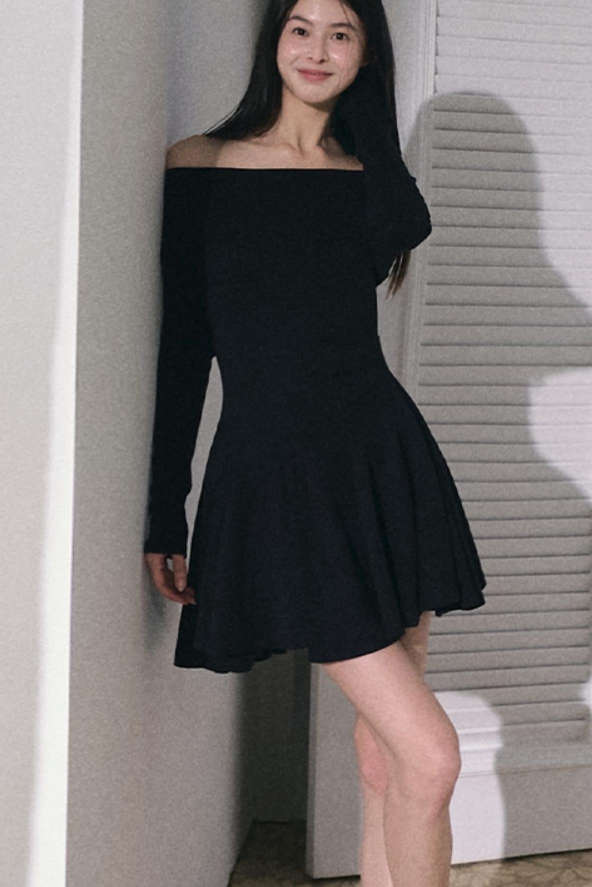 Slanted Shoulder Embroidered Short Dress