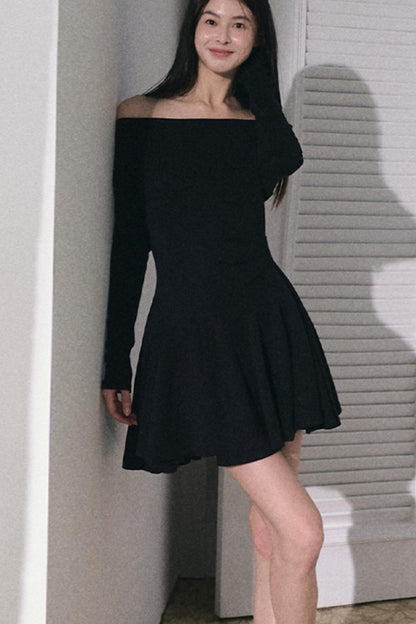 Slanted Shoulder Embroidered Short Dress