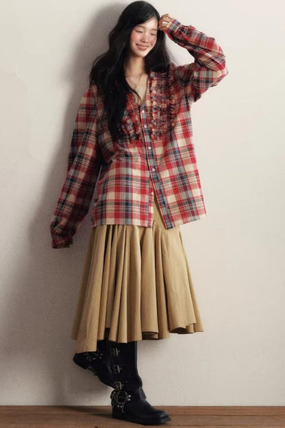 Red Plaid V-Neck Cotton Shirt
