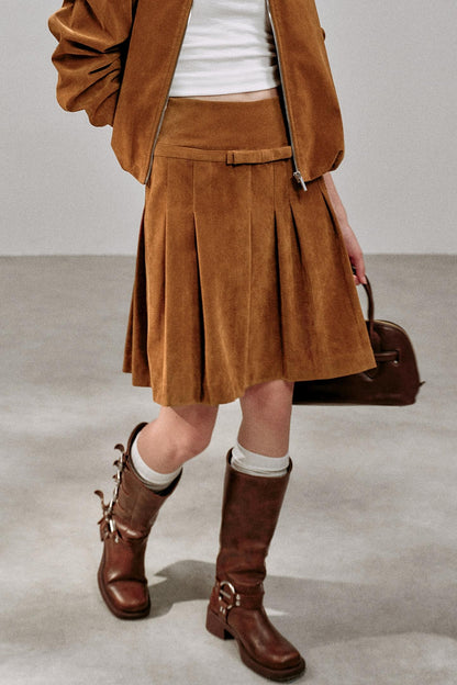 Suede Irregular Pleated Skirt
