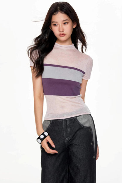 Color Collision High Neck Slim Top