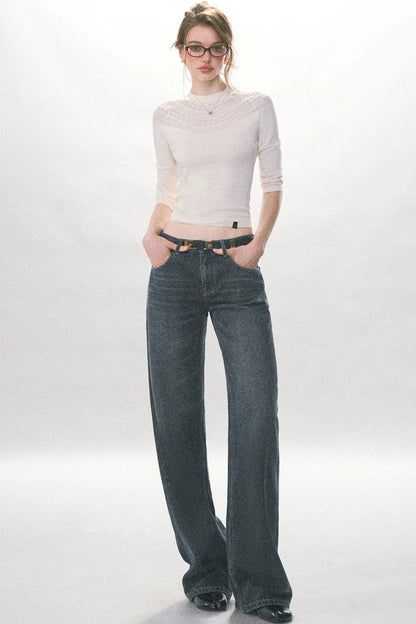 Pantalon en denim délavé vintage à jambe droite