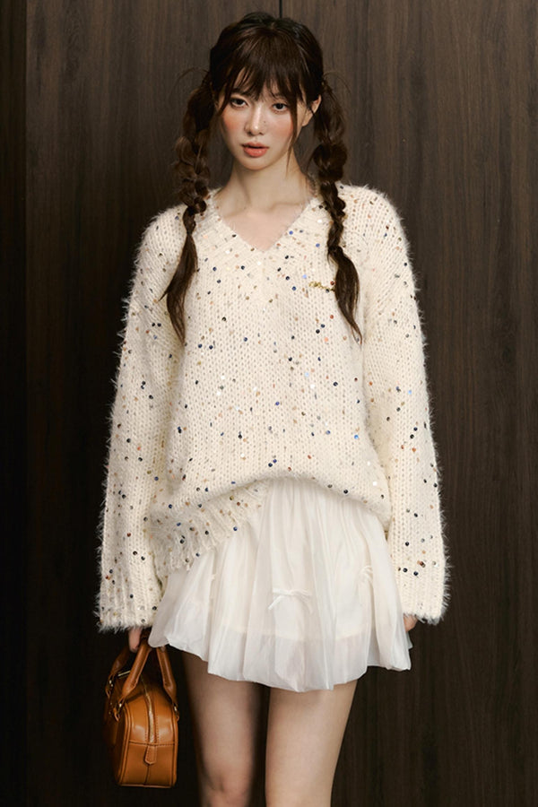 Sequin V-Neck Pullover