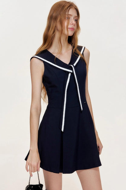 NavyCore Floral Tie Waist Dress