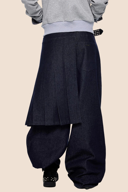 Detachable Pleated Denim Skirt Pants
