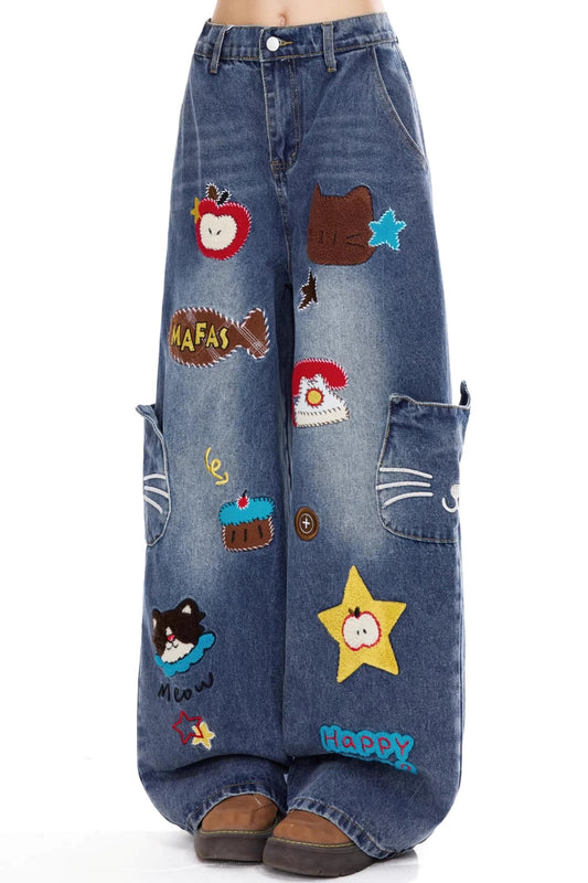 레트로 만화 자수 청바지
