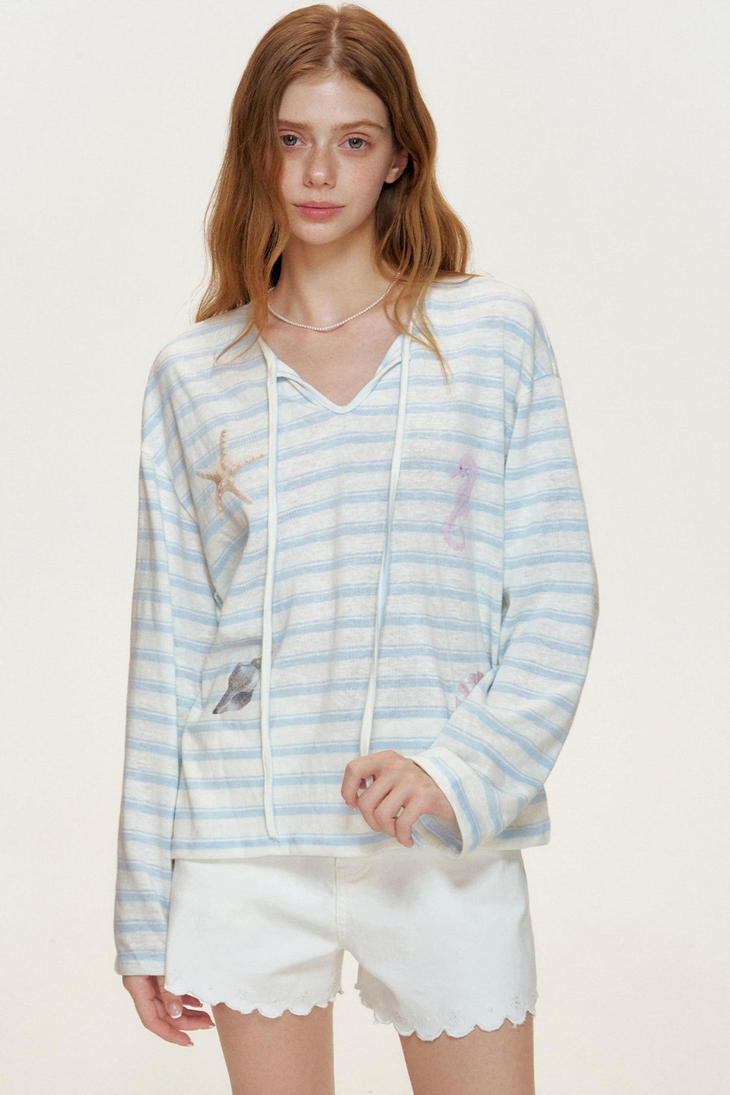 Blue Ocean Shell Starfish Lace-up Smock Shirt