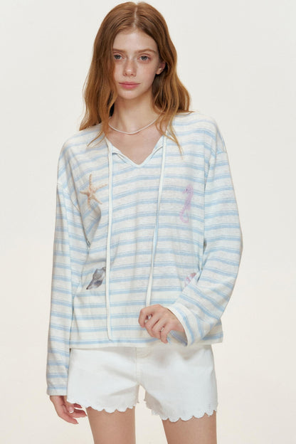 Blue Ocean Shell Starfish Lace-up Smock Shirt