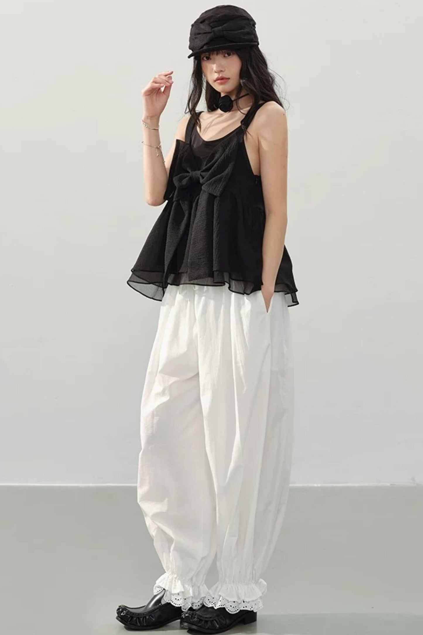 Black Organza Bowknot Blouse Set