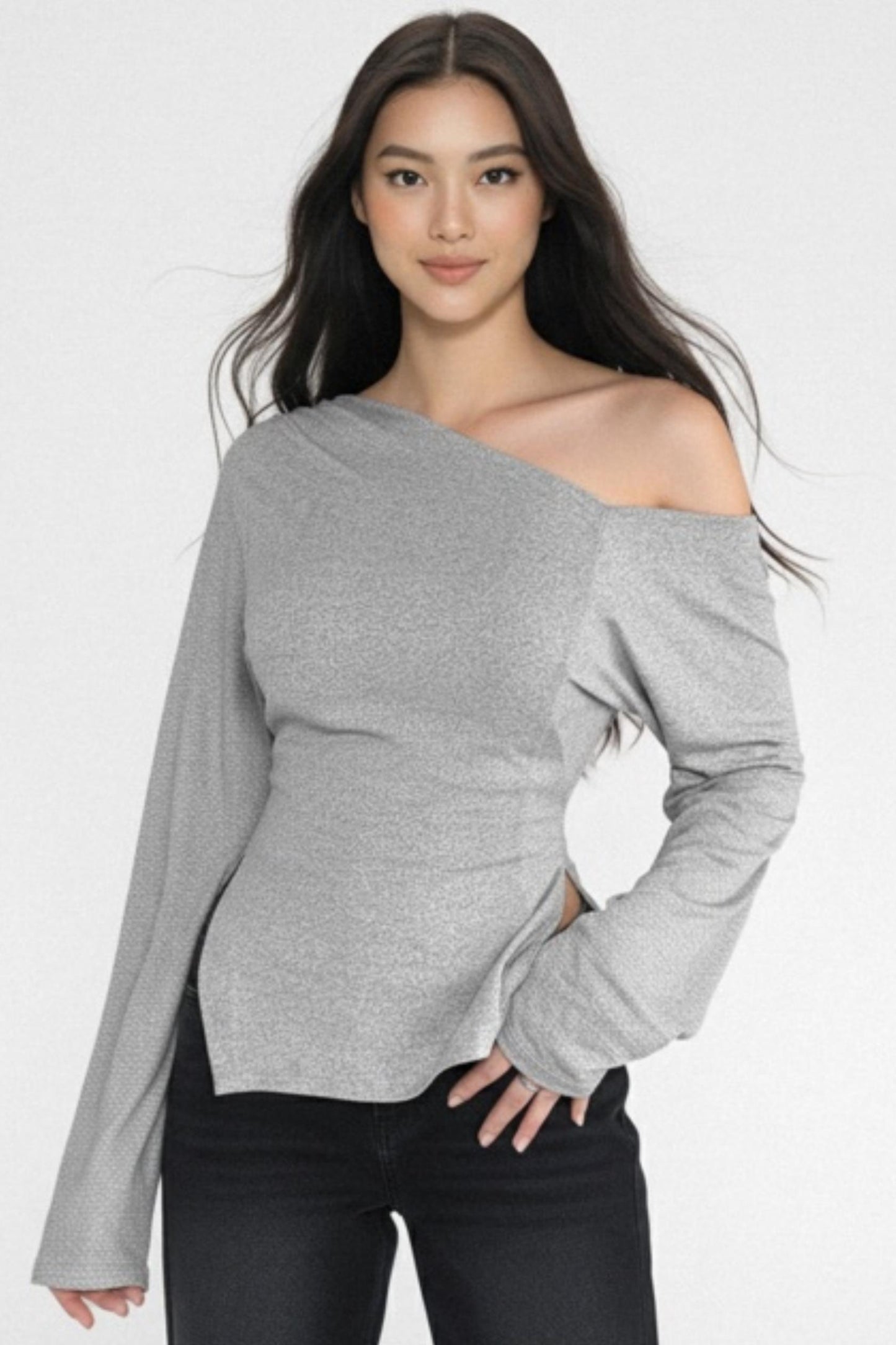 Gray Asymmetrical Shoulder-Cut Top