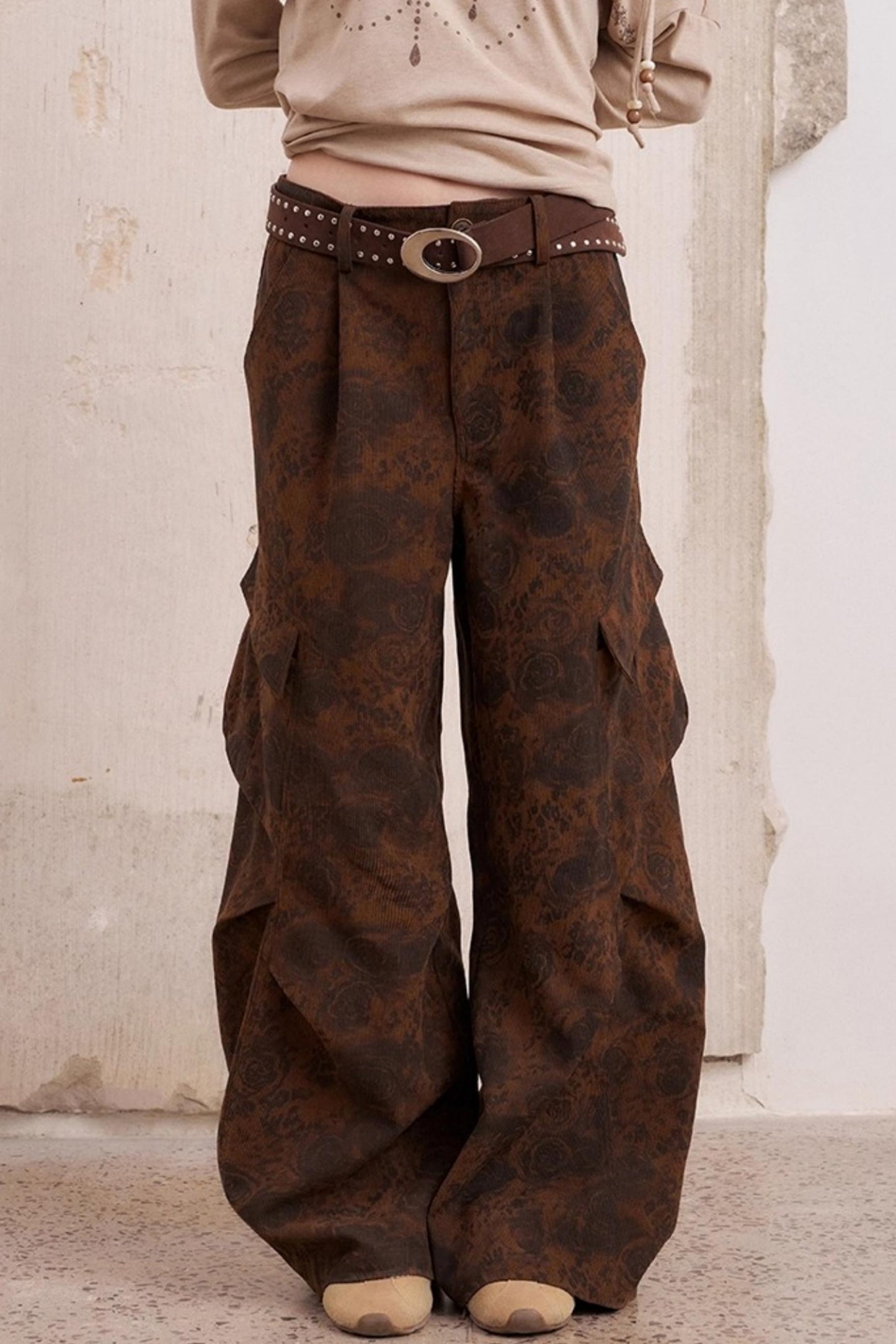 Vintage Print Loose Cargo Pants