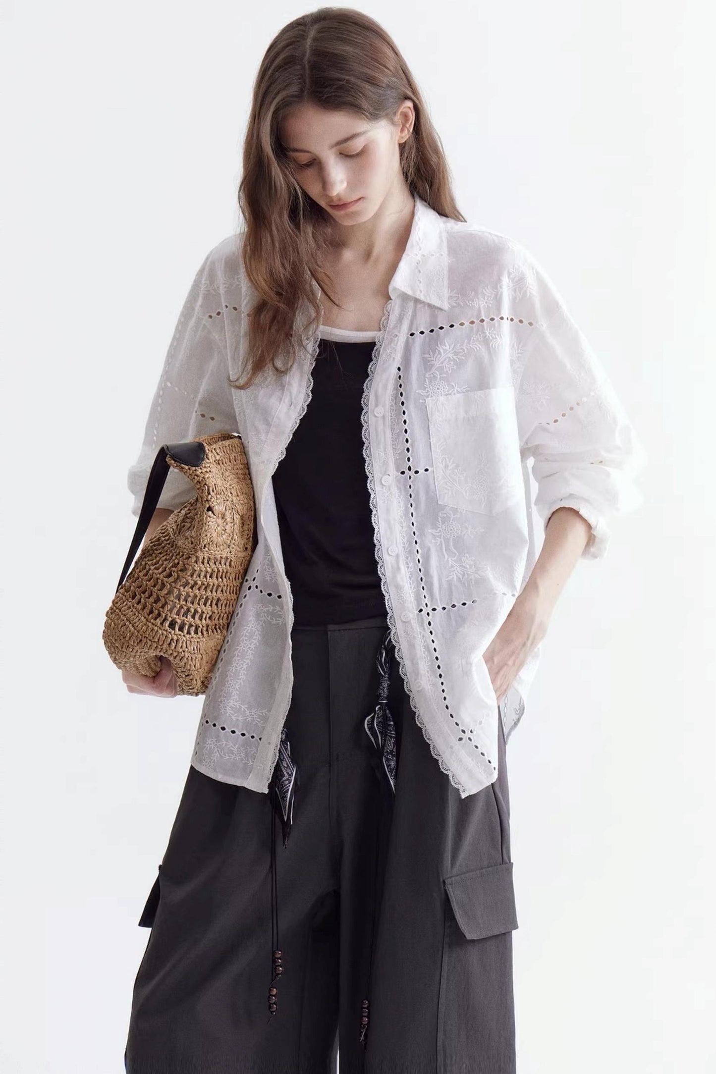 Hollow Embroidery Lace Shirt