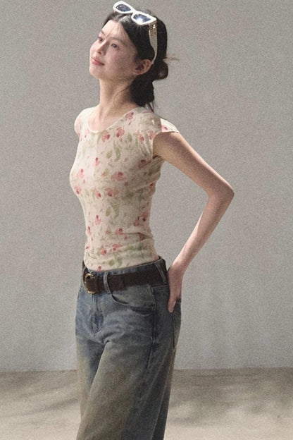 Linen Floral Cinched Top