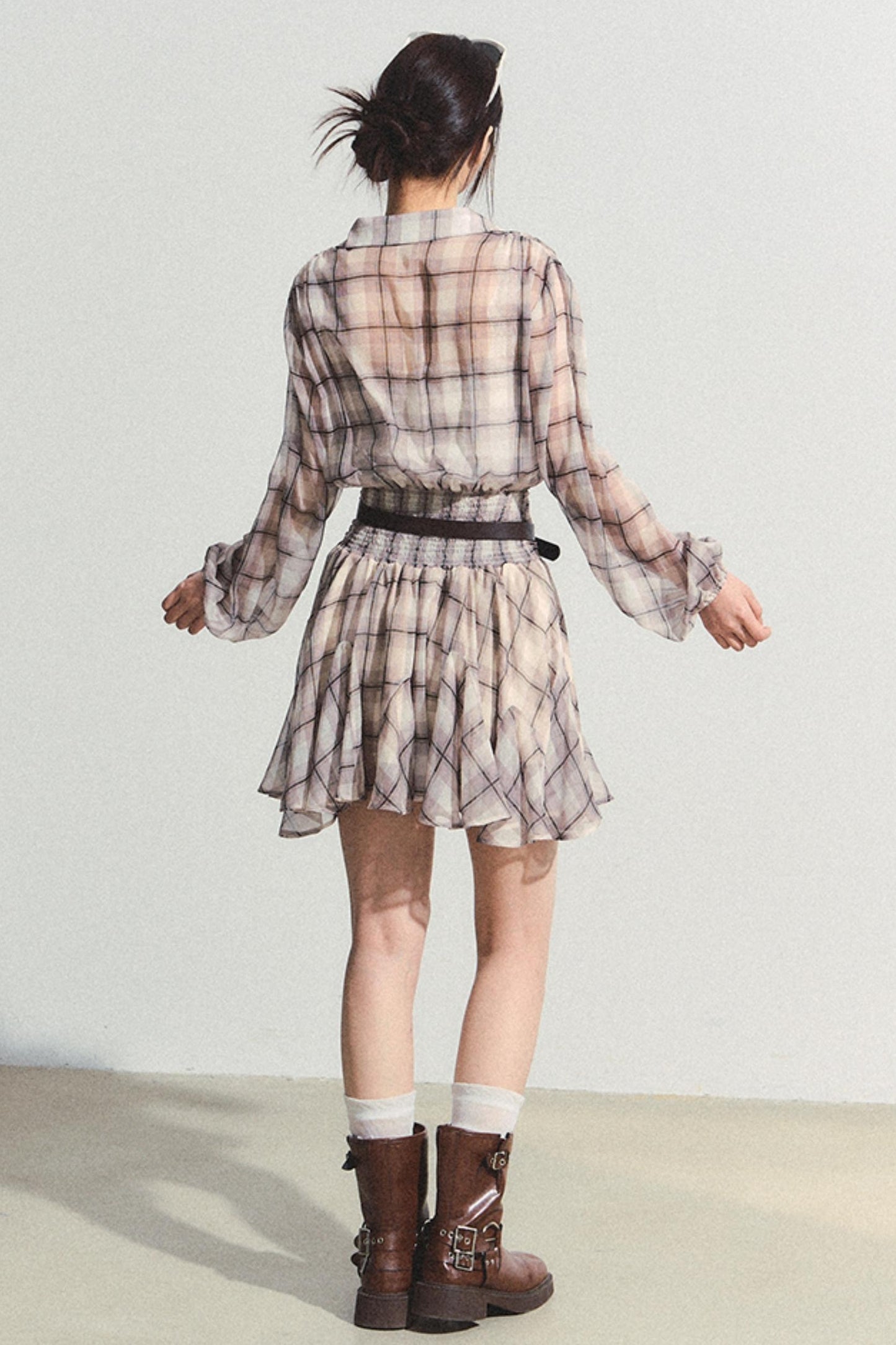 Recoin Sheer Plaid Ruffle A-Line Dress