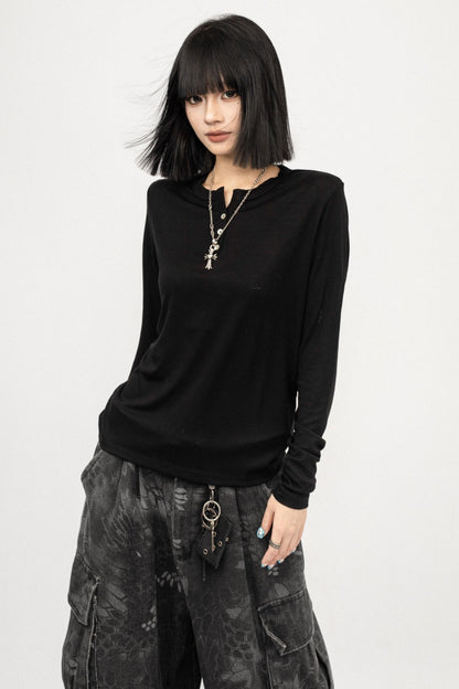 Autumn Black Shoulder Slim T-shirt