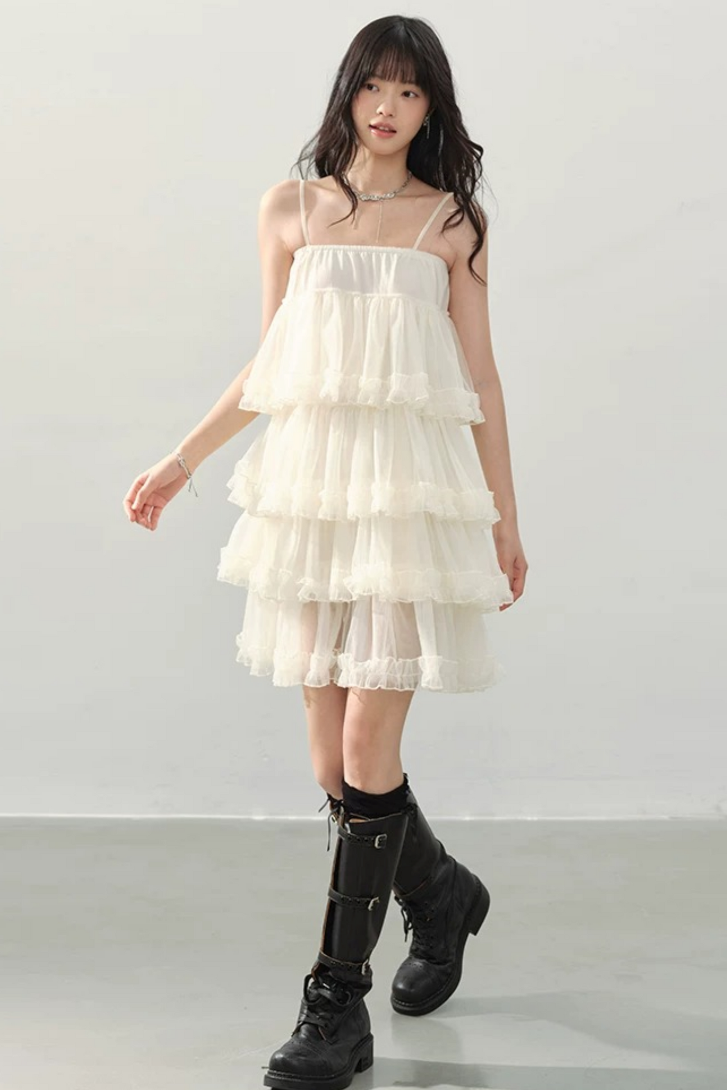 Cream Ruffled Spaghetti Strap Dress