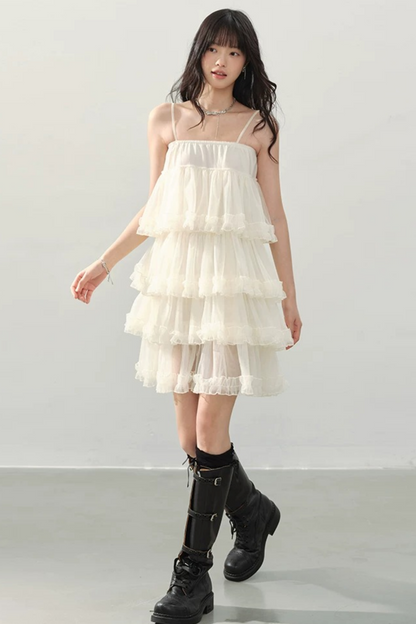 Cream Ruffled Spaghetti Strap Dress