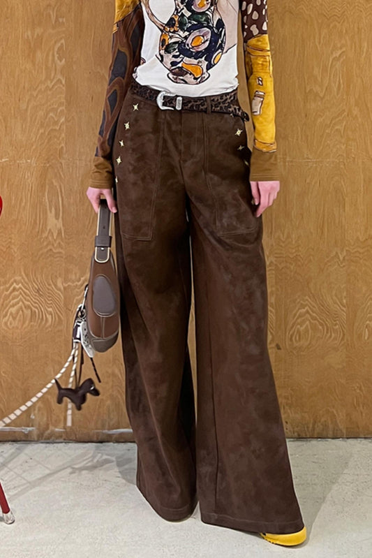 Vintage Embroidered Leather Straight-Leg Pants