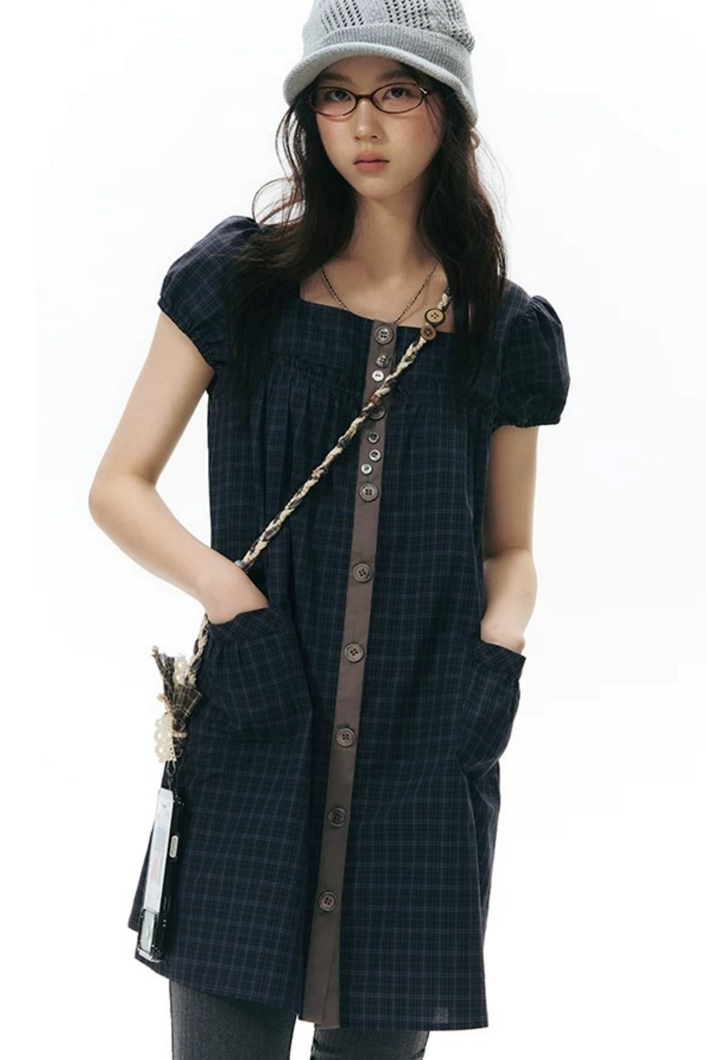 Plaid Puff Sleeve Babydoll Dress