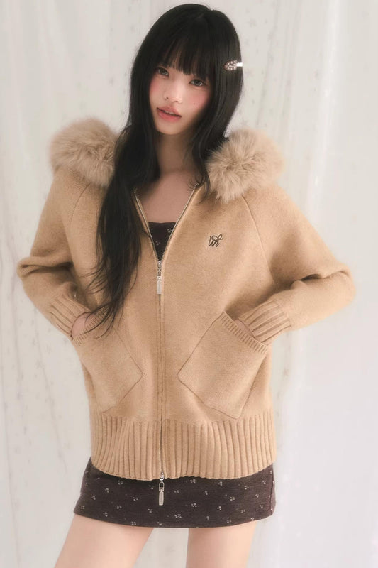 Hooded Knit Fur Jacket