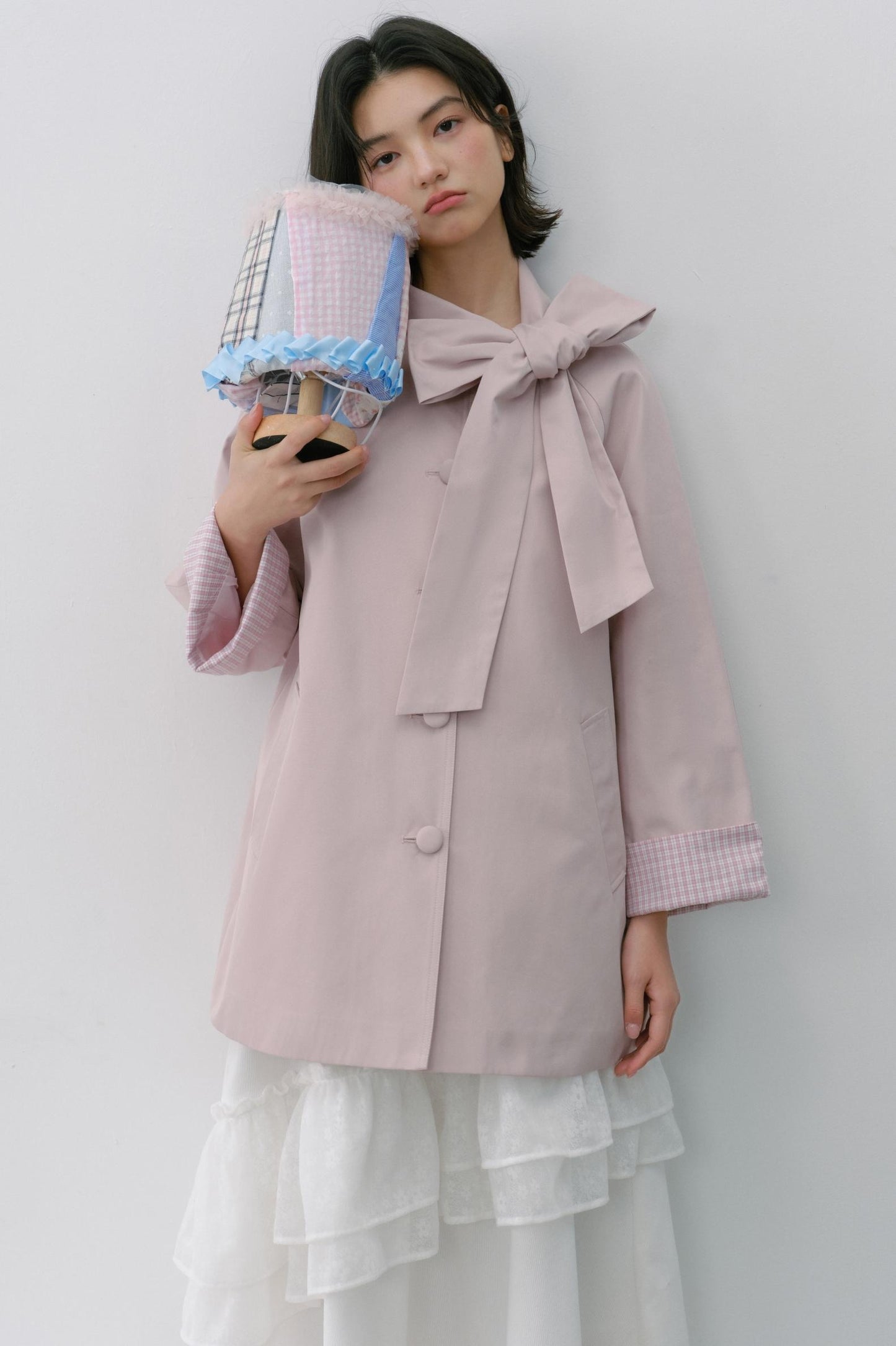 Pink Grey Check Bow Trench Coat