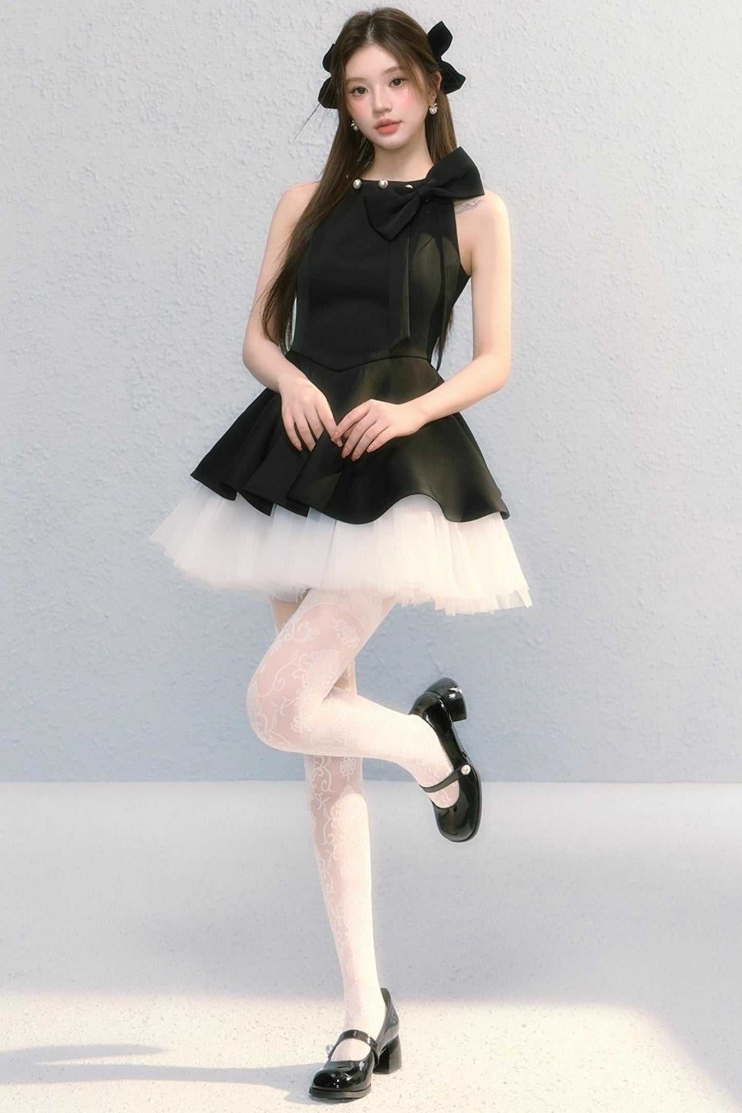 Obsidian French Bow Sleeveless A-Line Dress