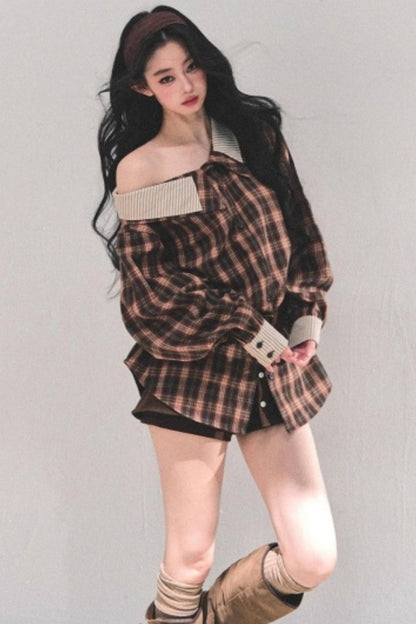 Off-Shoulder Plaid Shirt