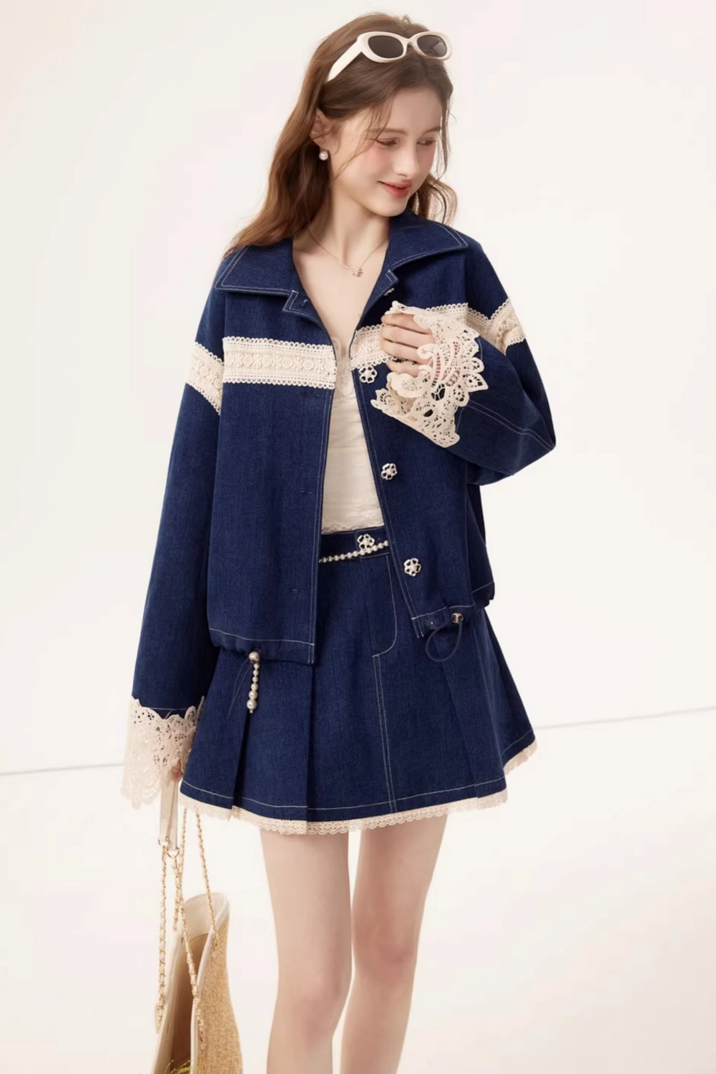 Retro Denim Lace Jacket Set