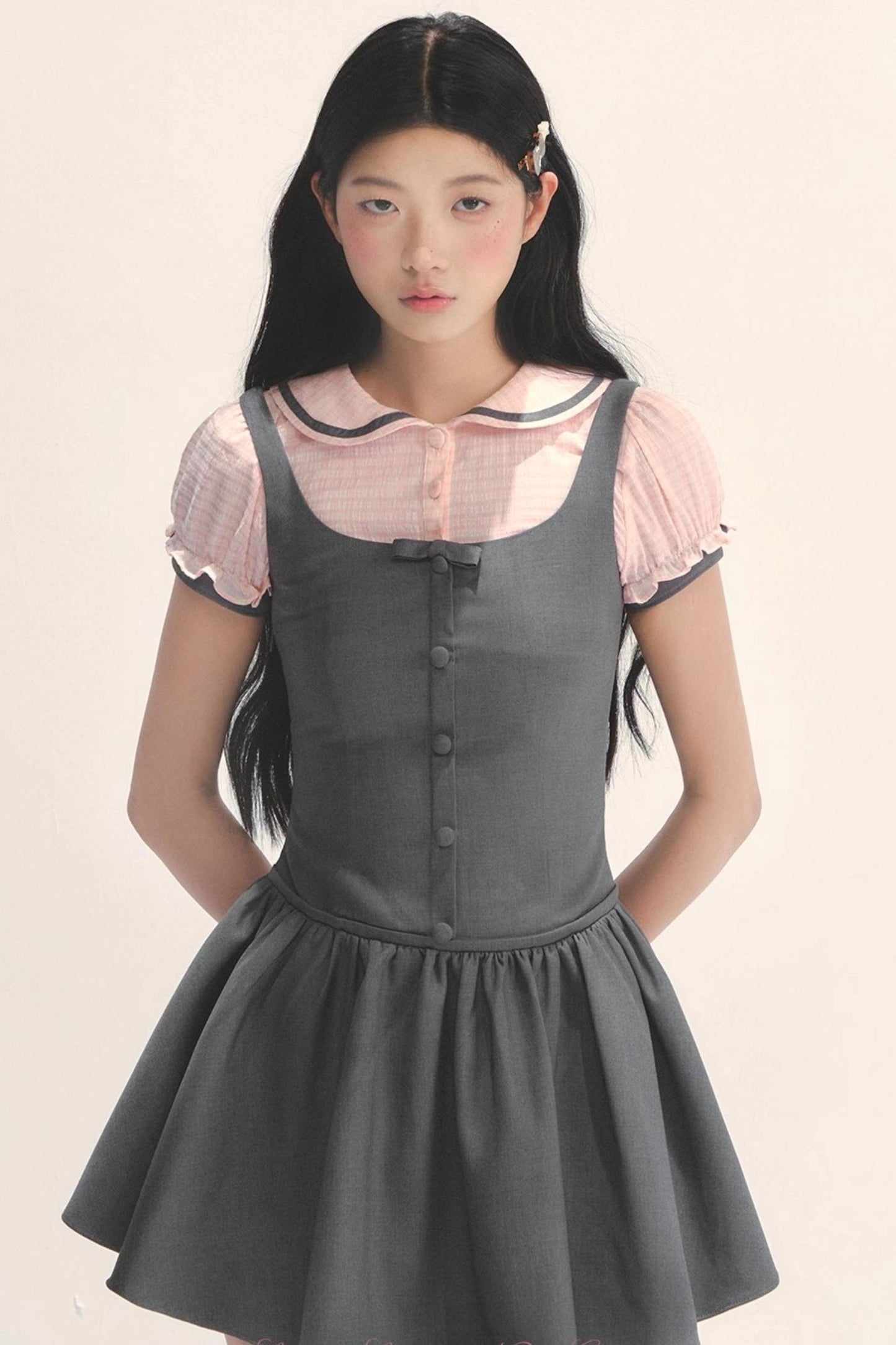 College Style Gray Pink Check Dress