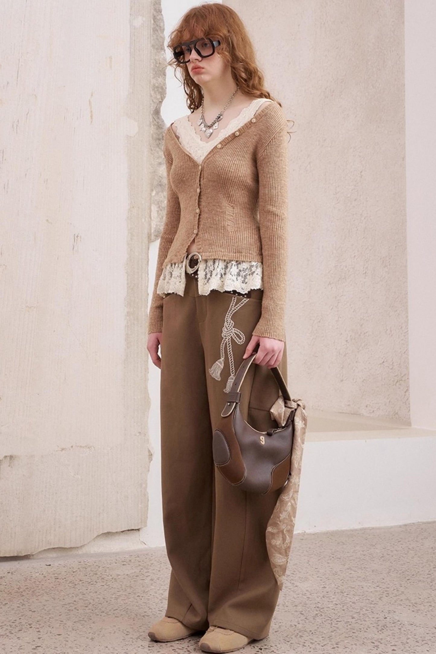 Lace Panel V-Neck Knitted Cardigan