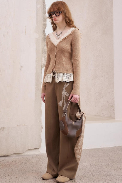 Lace Panel V-Neck Knitted Cardigan