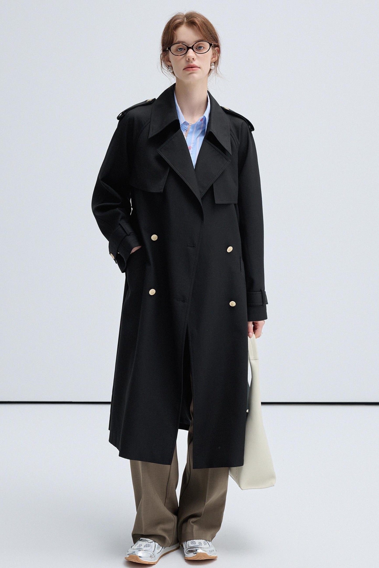 VEGA CHANG Schwarzer Trenchcoat Damen Frühling-Herbst 2024 Neue klassische doppelreihige lange Jacke im britischen Stil