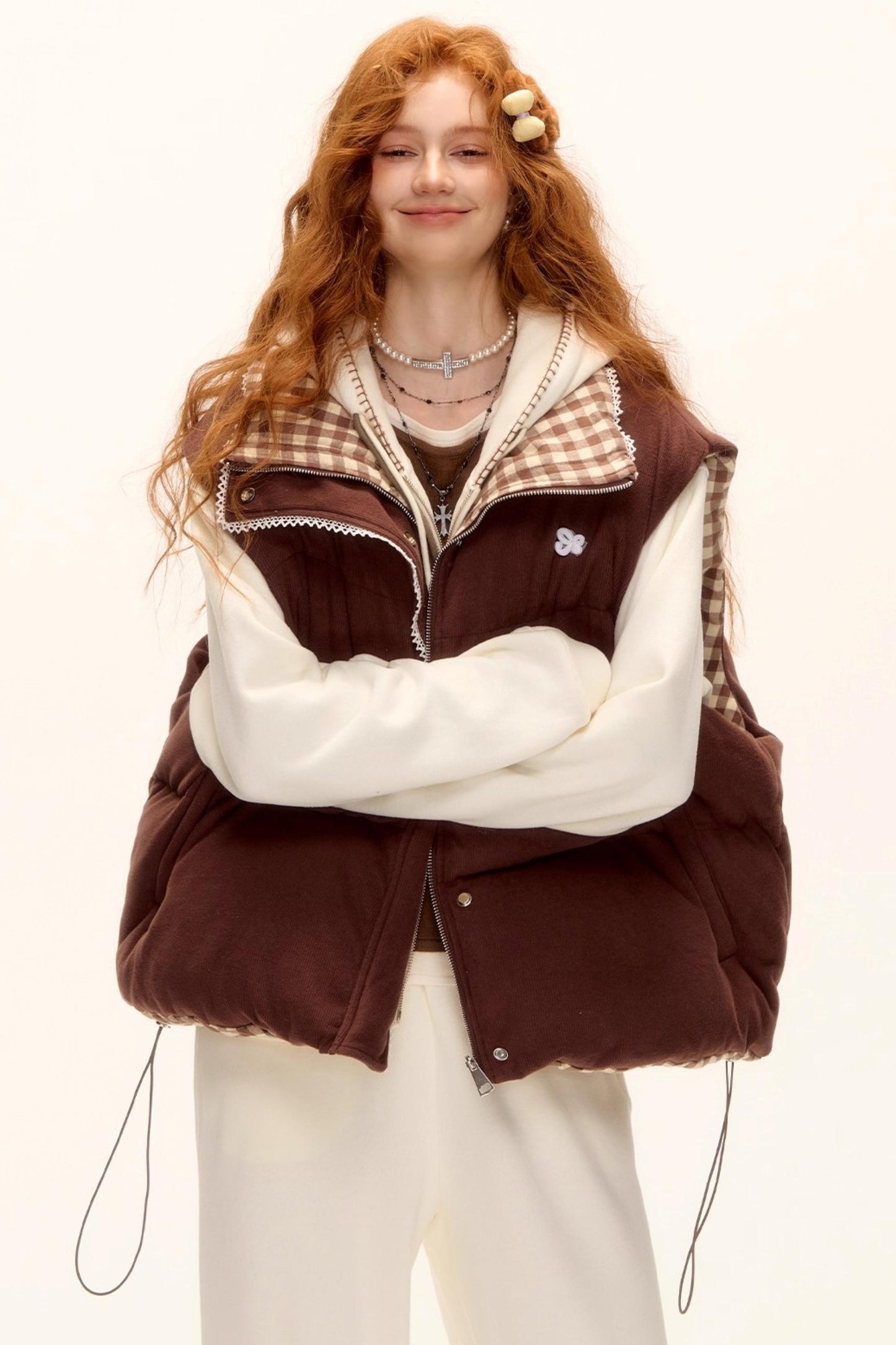 Reversible Plaid Lace Vest Jacket