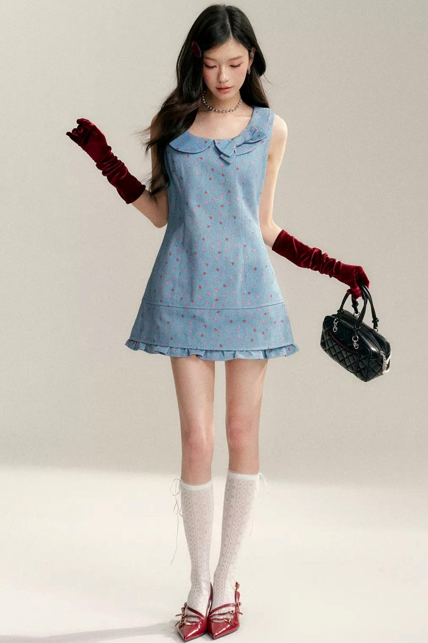 Contrast Floral Bow Collar Dress