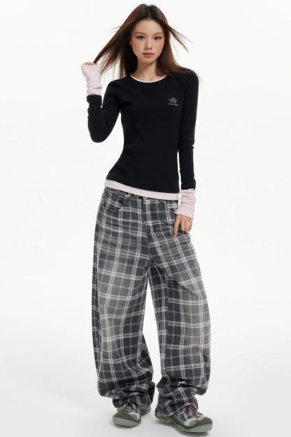 Contrast Fake Two Vintage Long-Sleeve Top