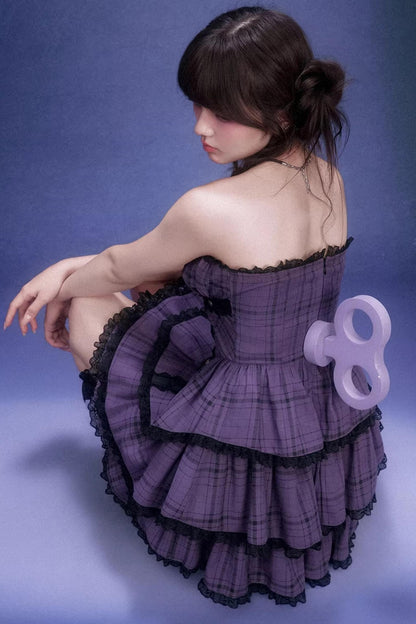 Grape Purple Plaid Strapless Dress Set